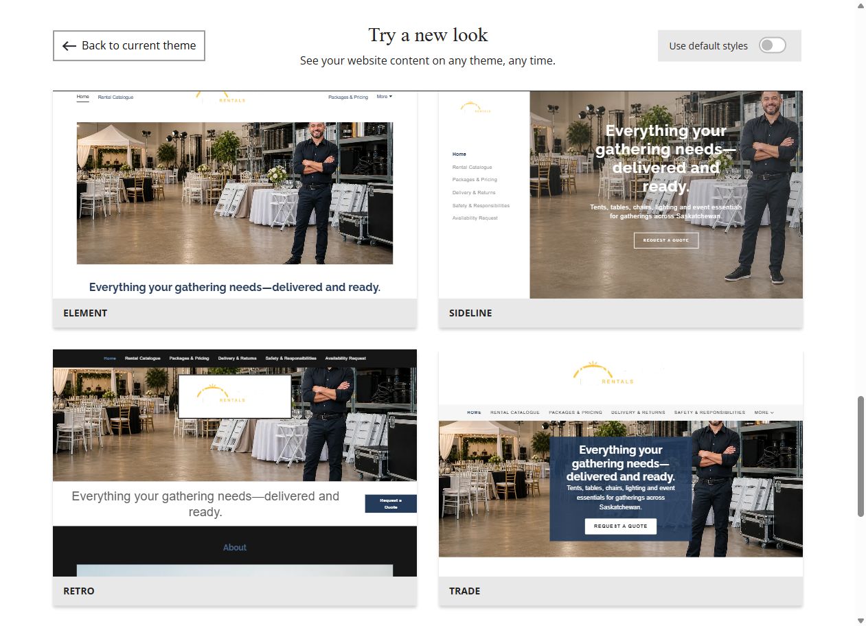 Website Builder theme previews for Prairie Gather Rentals, chosen-colour group 6