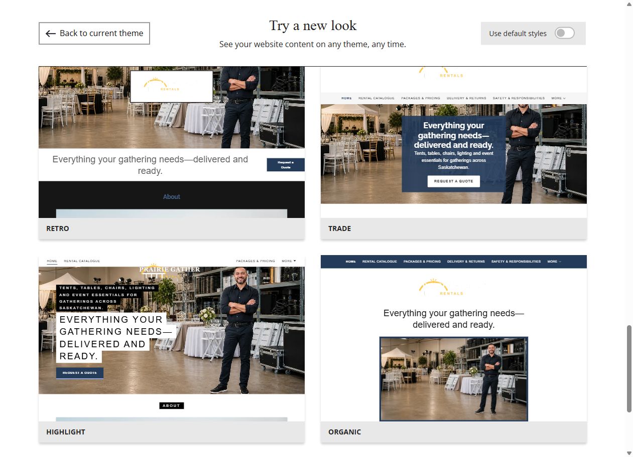 Website Builder theme previews for Prairie Gather Rentals, chosen-colour group 7