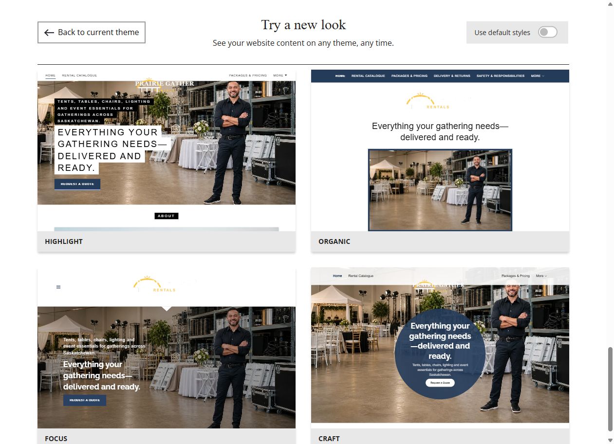 Website Builder theme previews for Prairie Gather Rentals, chosen-colour group 8