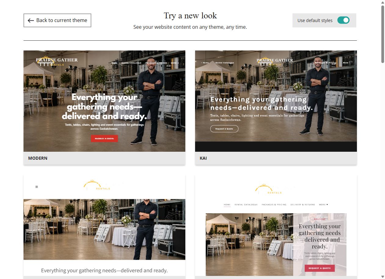 Website Builder default-style theme previews for Prairie Gather Rentals, group 1