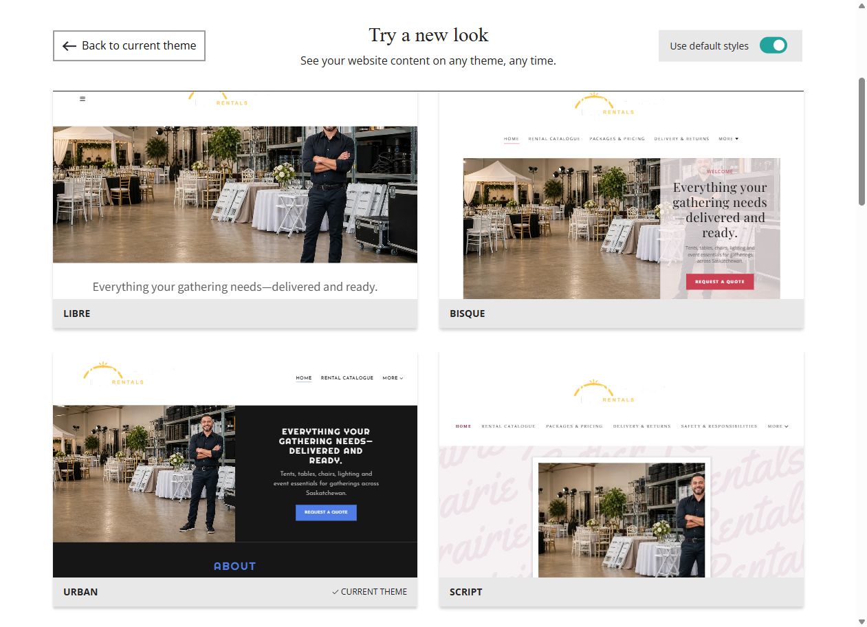 Website Builder default-style theme previews for Prairie Gather Rentals, group 2
