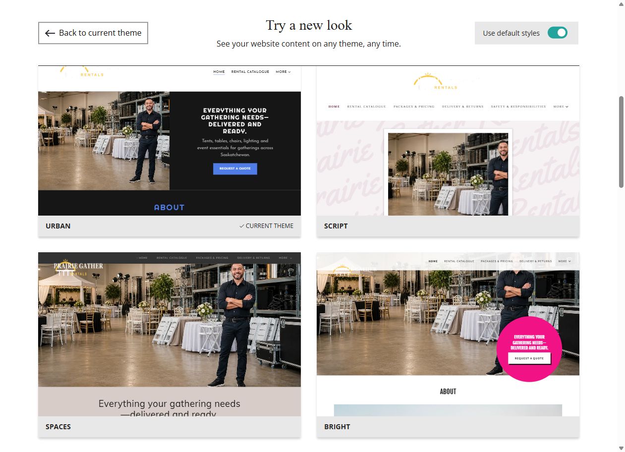 Website Builder default-style theme previews for Prairie Gather Rentals, group 3
