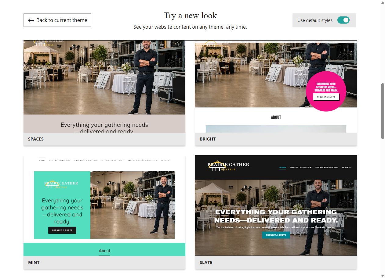 Website Builder default-style theme previews for Prairie Gather Rentals, group 4