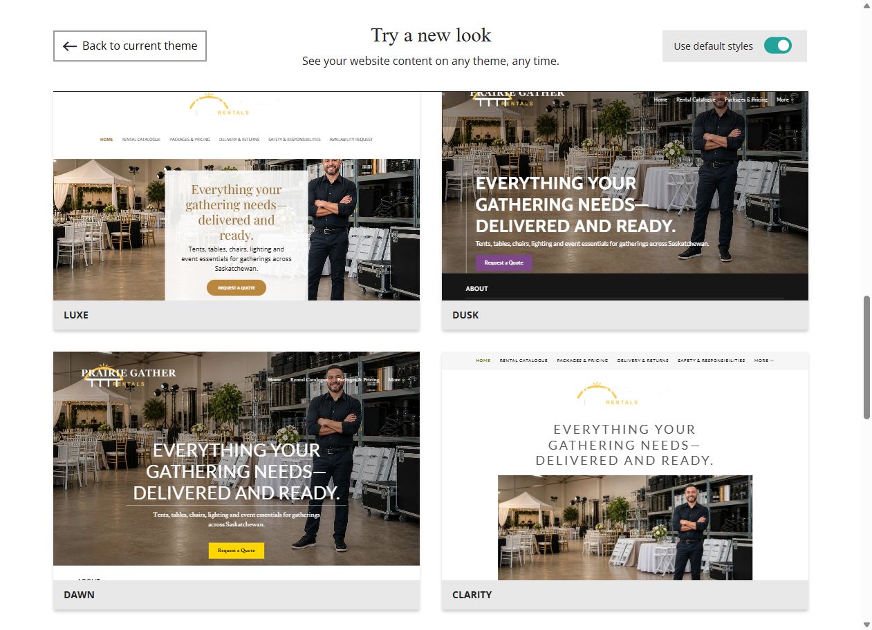 Website Builder default-style theme previews for Prairie Gather Rentals, group 5