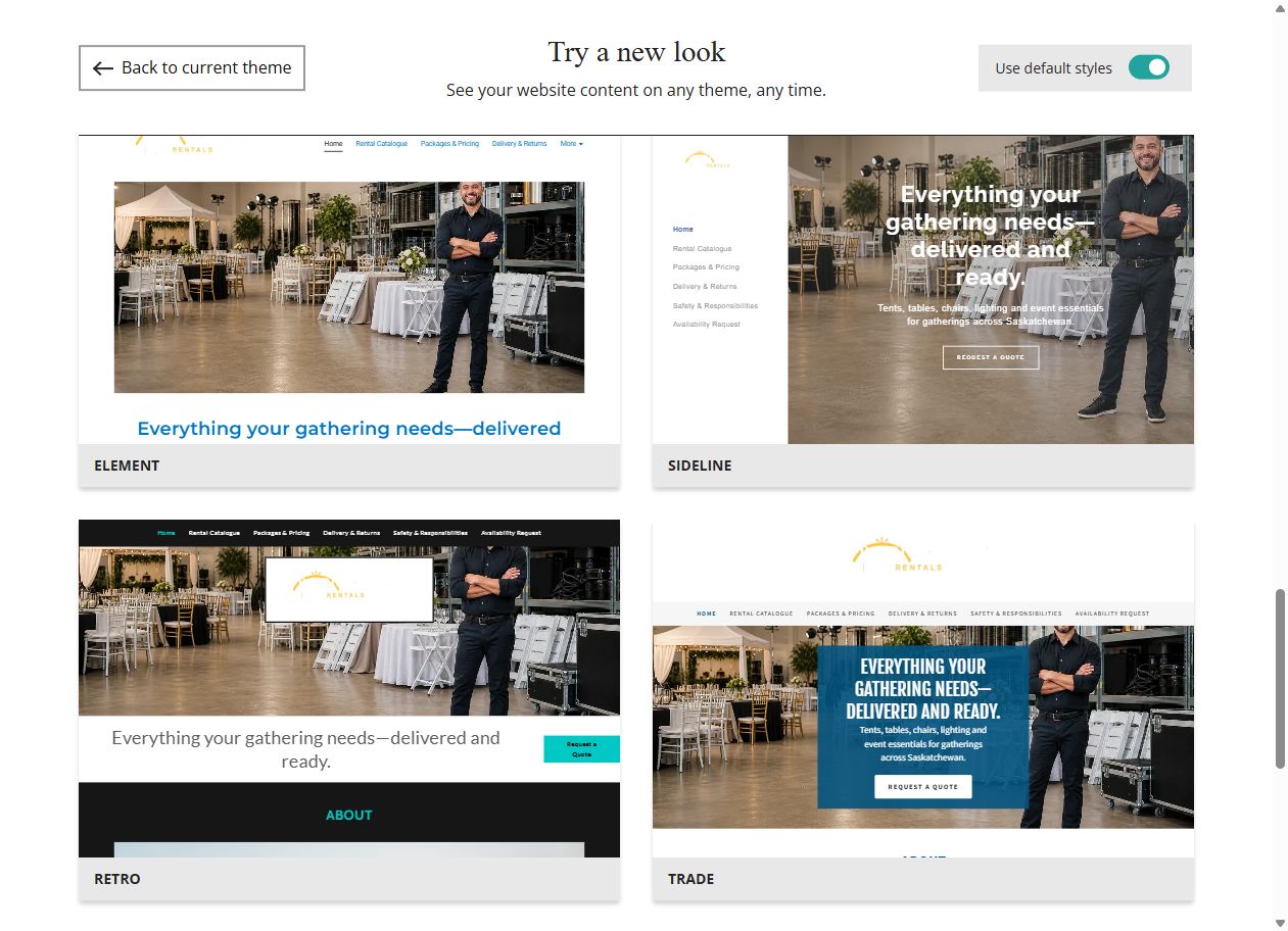 Website Builder default-style theme previews for Prairie Gather Rentals, group 6