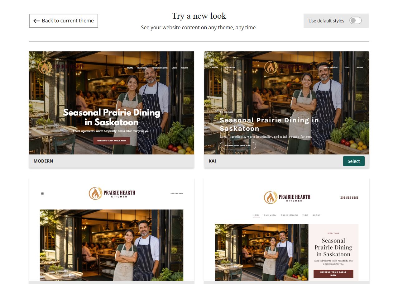 Website Builder theme previews for Prairie Hearth Kitchen using its chosen colours, group 1