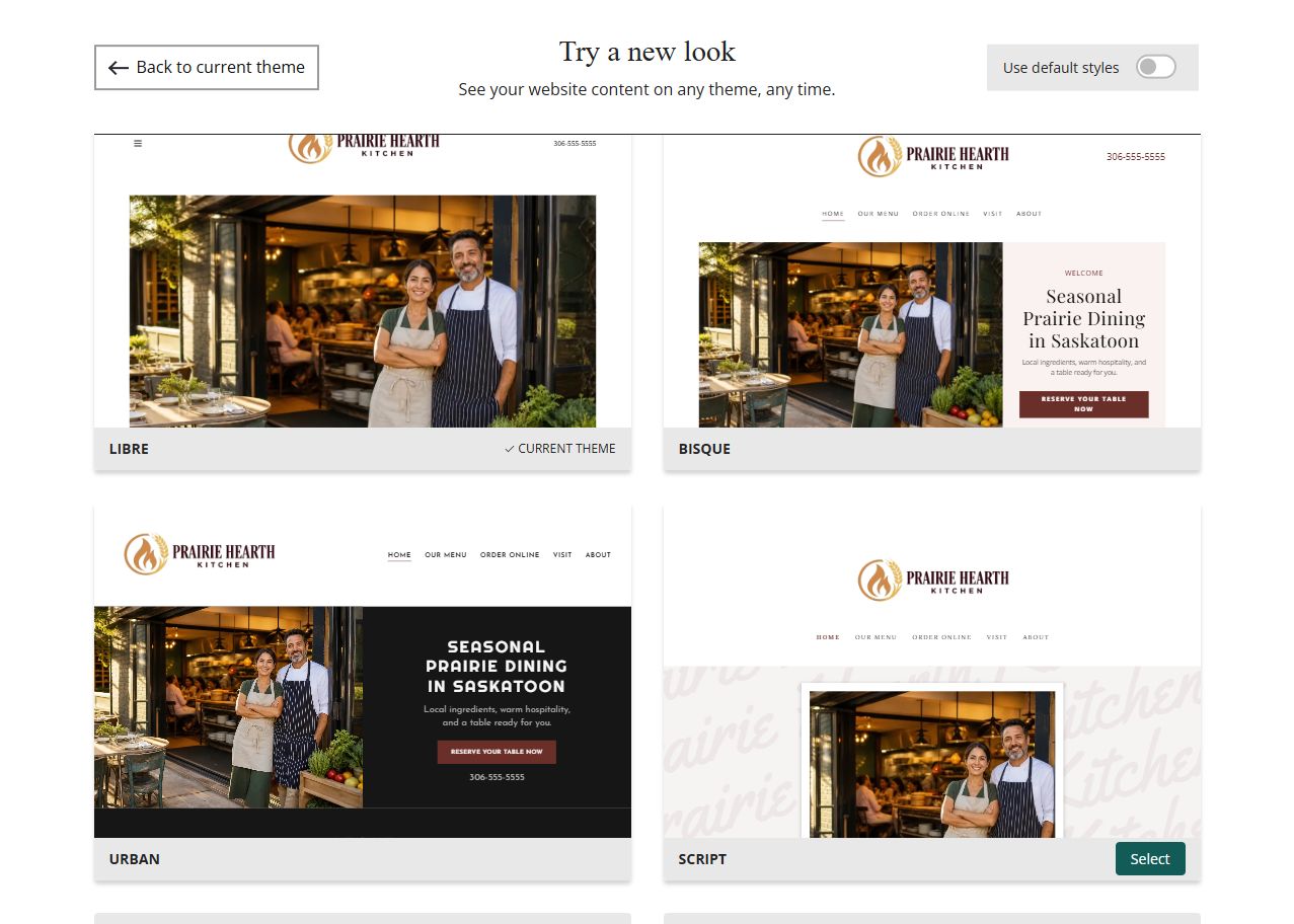 Website Builder theme previews for Prairie Hearth Kitchen using its chosen colours, group 2