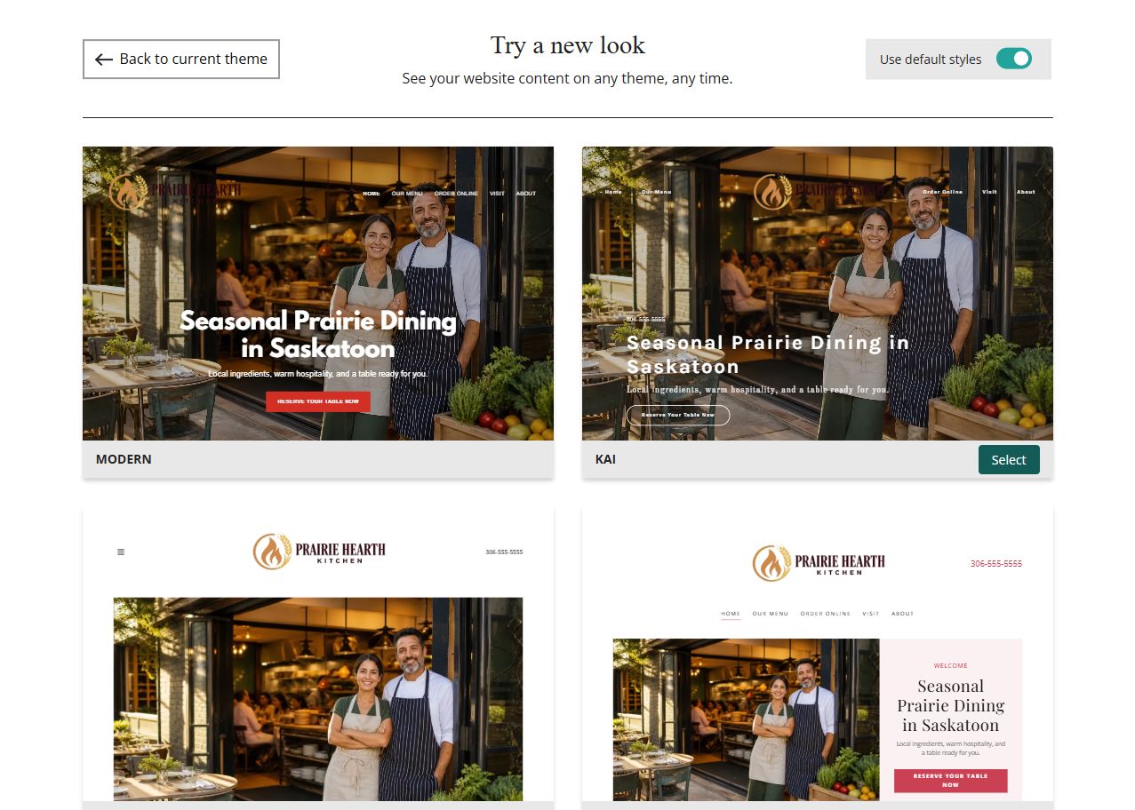 Website Builder theme previews for Prairie Hearth Kitchen using default styles, group 1