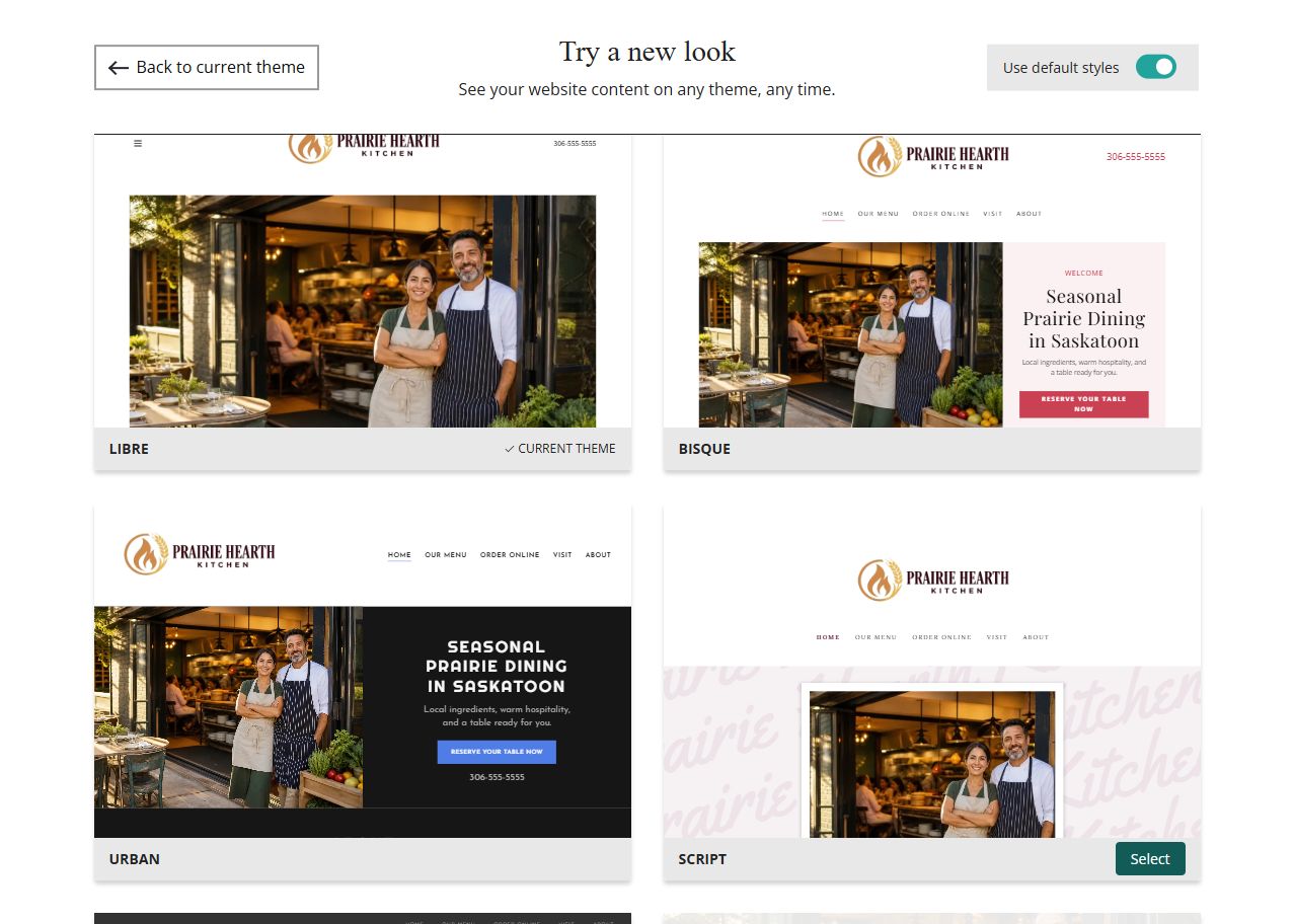 Website Builder theme previews for Prairie Hearth Kitchen using default styles, group 2
