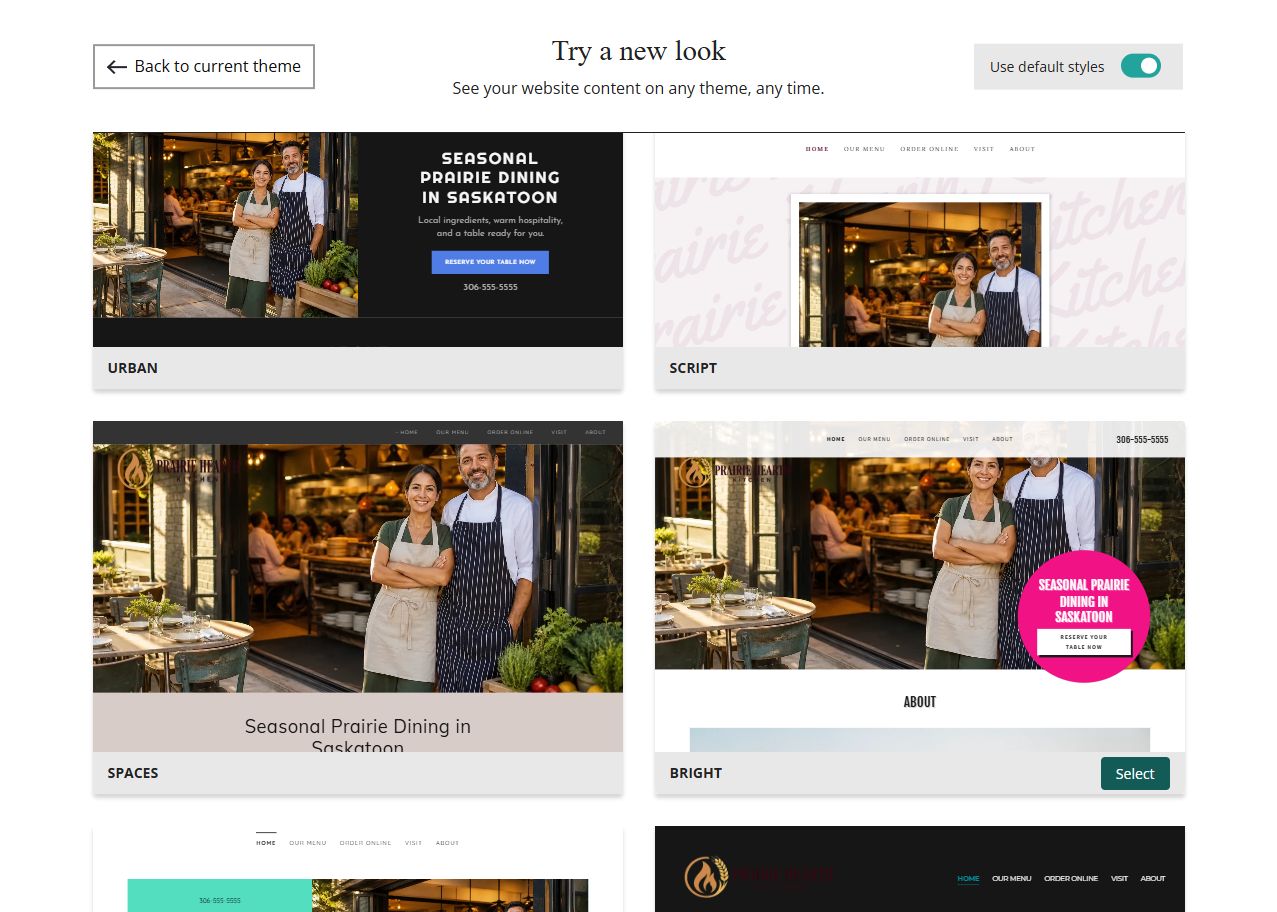 Website Builder theme previews for Prairie Hearth Kitchen using default styles, group 3