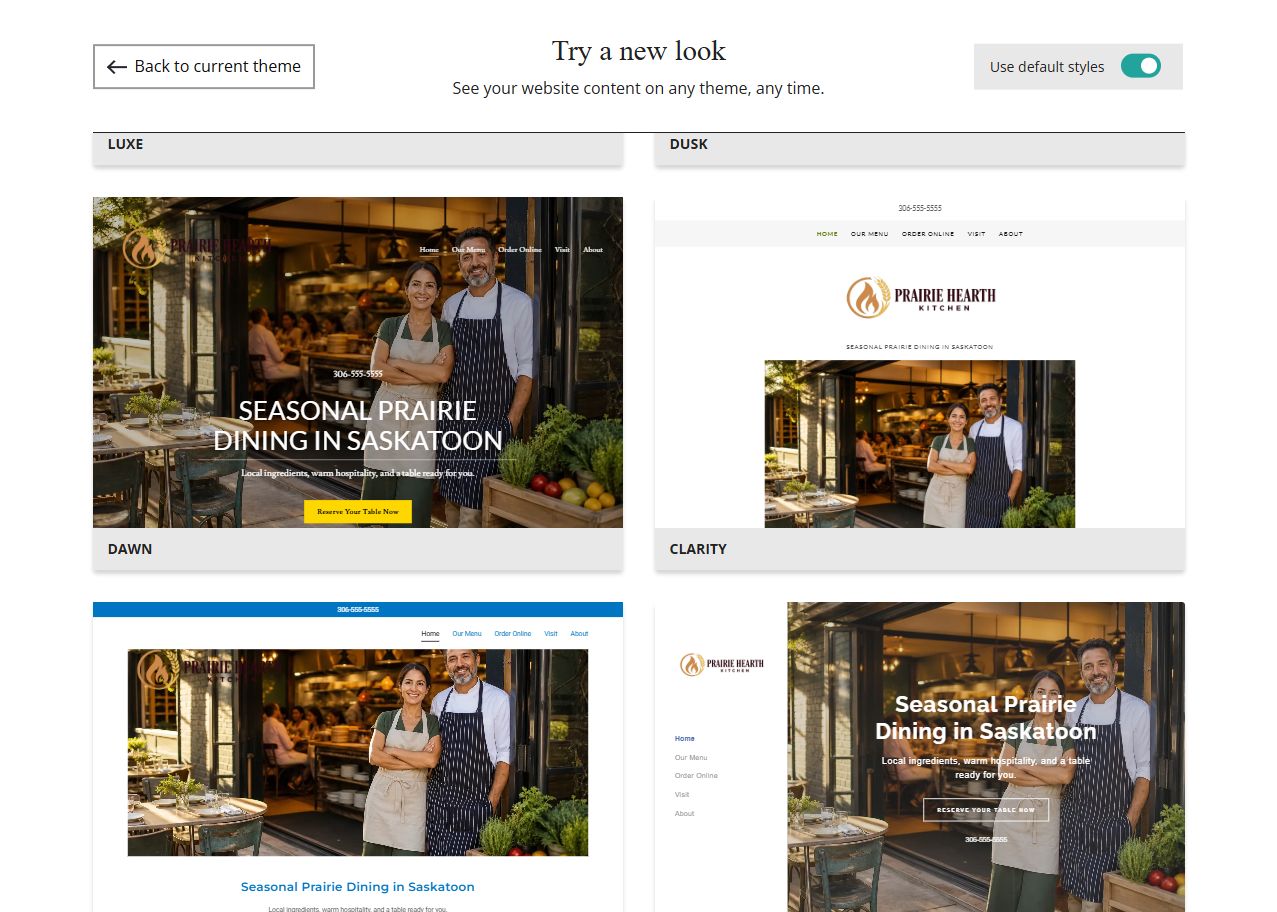 Website Builder theme previews for Prairie Hearth Kitchen using default styles, group 6