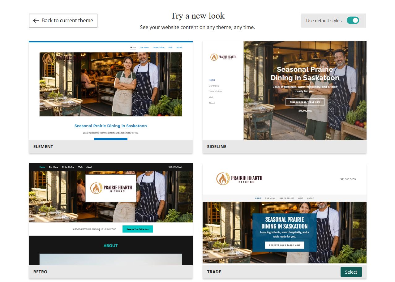 Website Builder theme previews for Prairie Hearth Kitchen using default styles, group 7