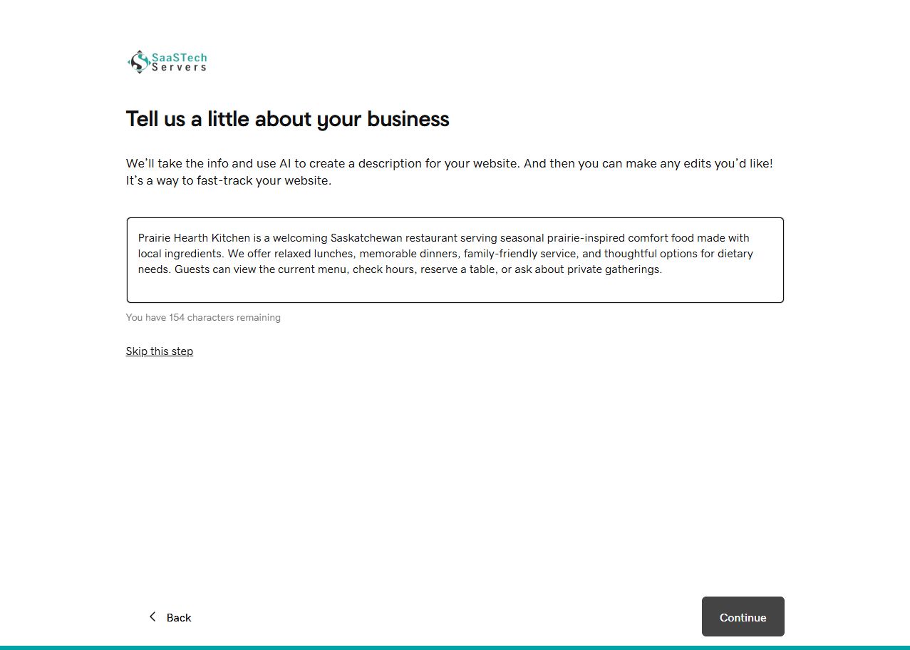 Website Builder setup with the Prairie Hearth Kitchen business description completed