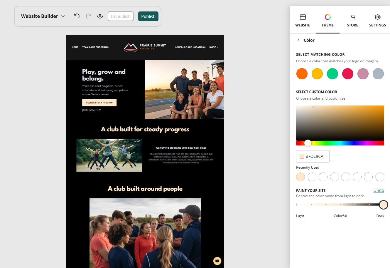 Website Builder colour controls for Prairie Summit Athletics