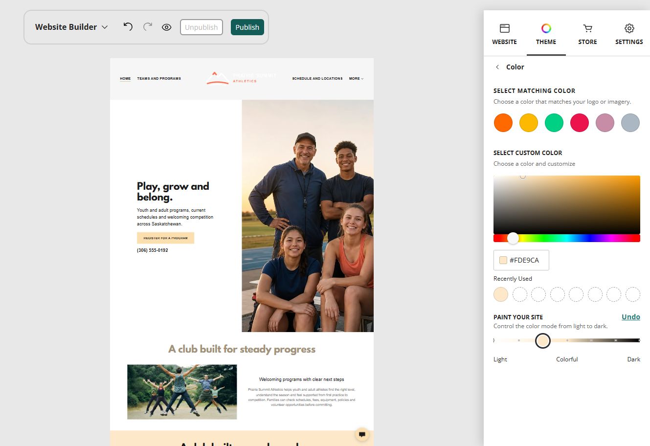 Prairie Summit Athletics home page in the Website Builder soft colour paint setting
