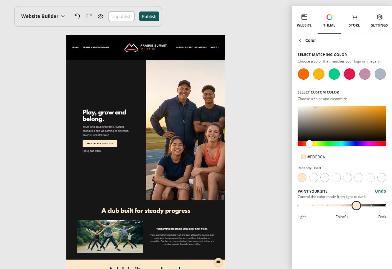 Prairie Summit Athletics home page in the Website Builder rich colour paint setting