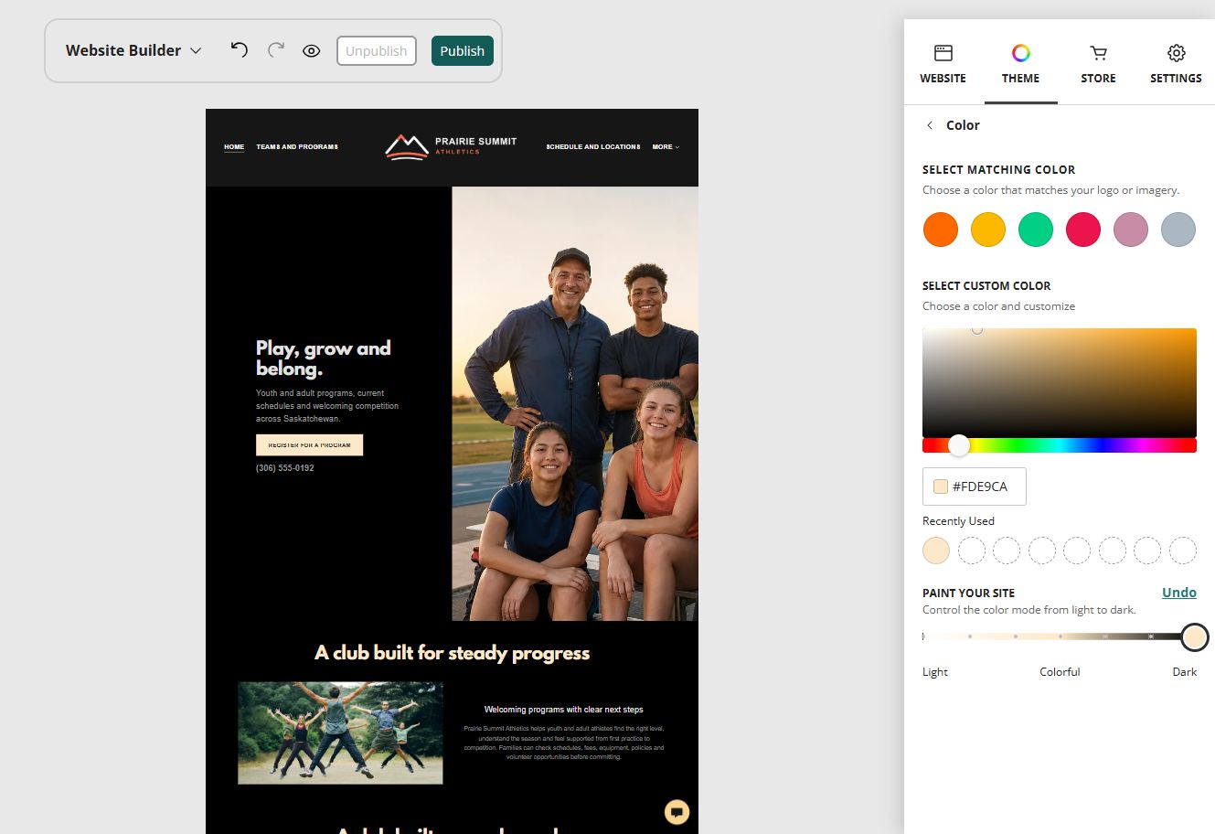 Prairie Summit Athletics home page in the Website Builder darkest paint setting