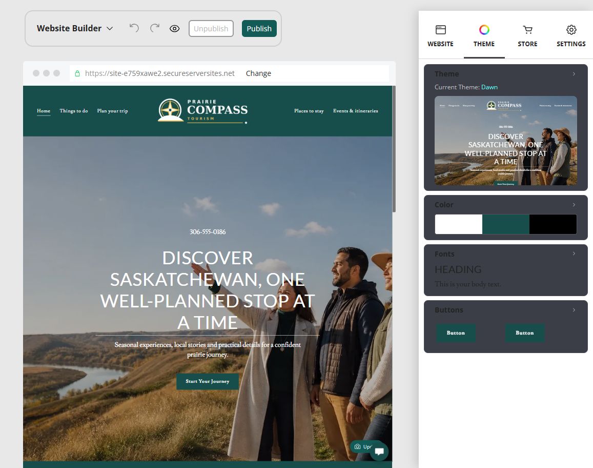 Website Builder theme editor showing Prairie Compass Tourism