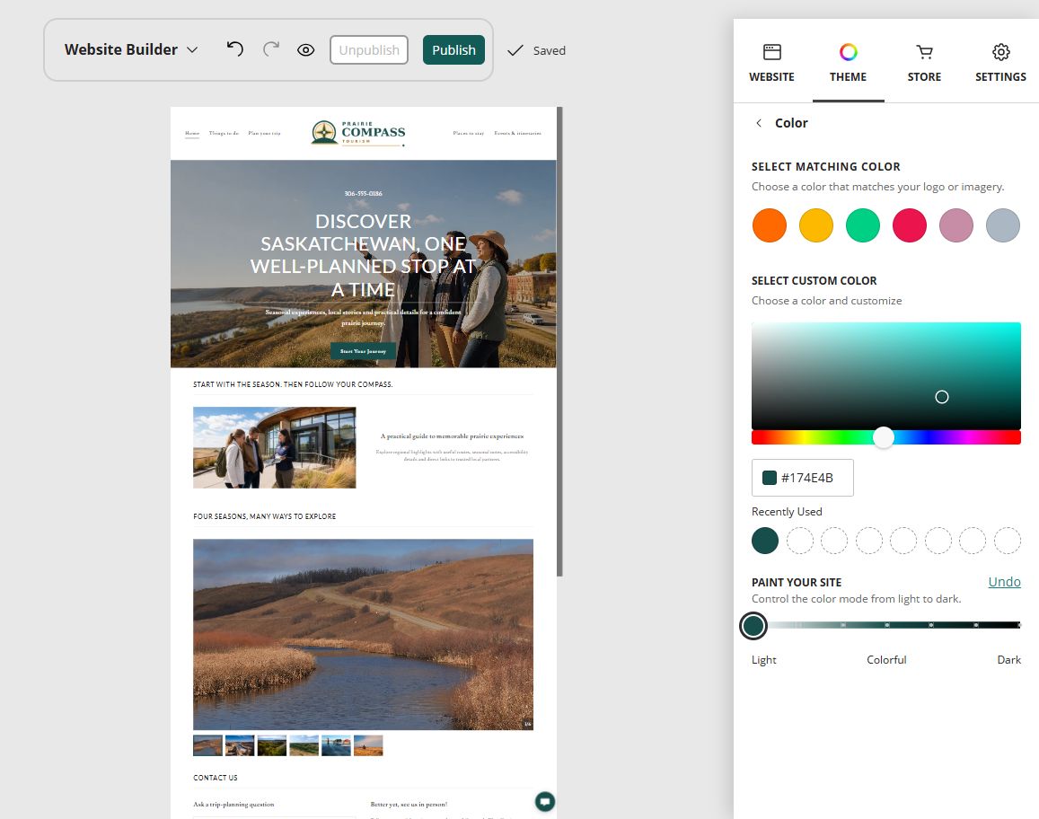 Website Builder colour controls for Prairie Compass Tourism