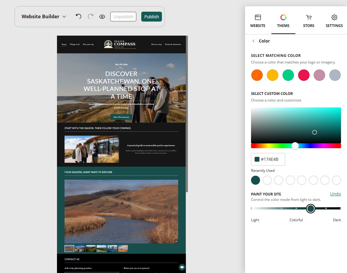 Prairie Compass Tourism at Website Builder Paint slider position 5 of 7, colourful with a dark base