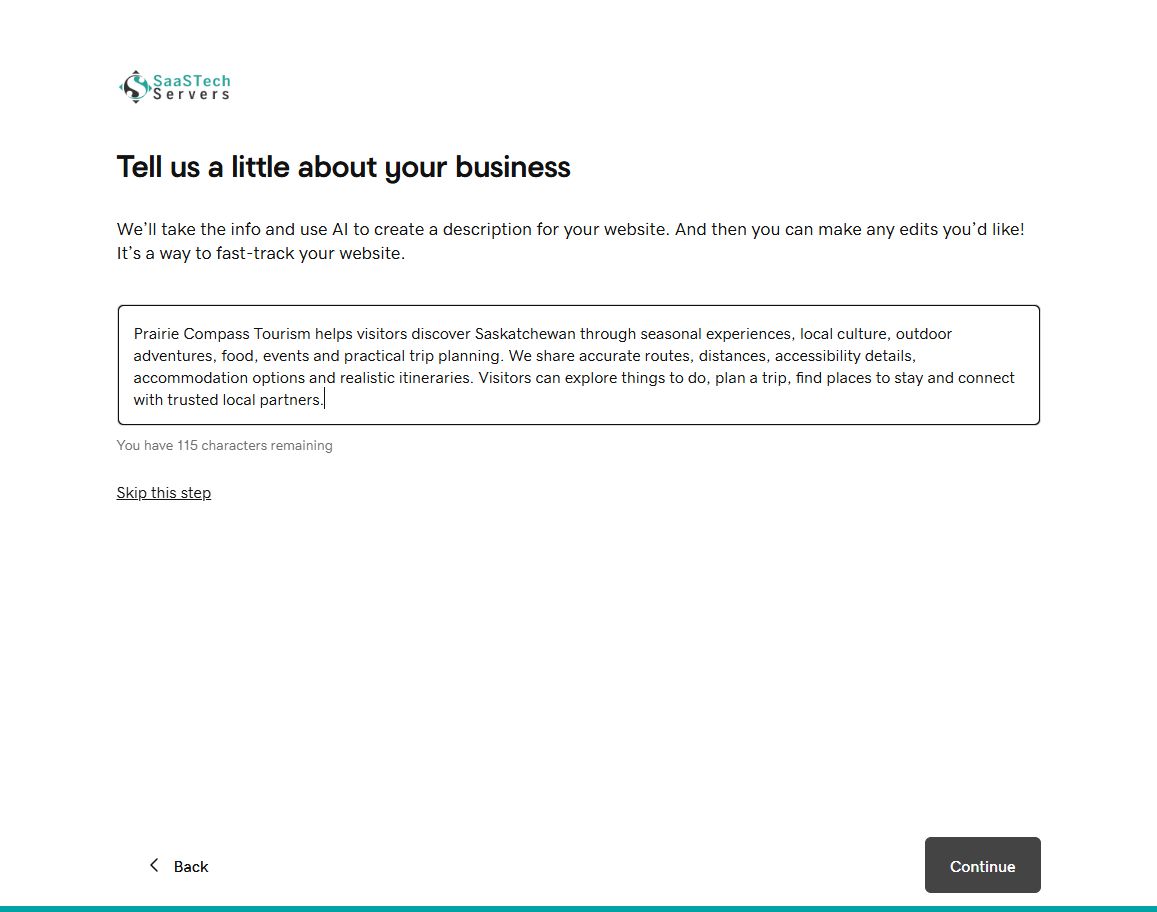 Prairie Compass Tourism business description in Website Builder