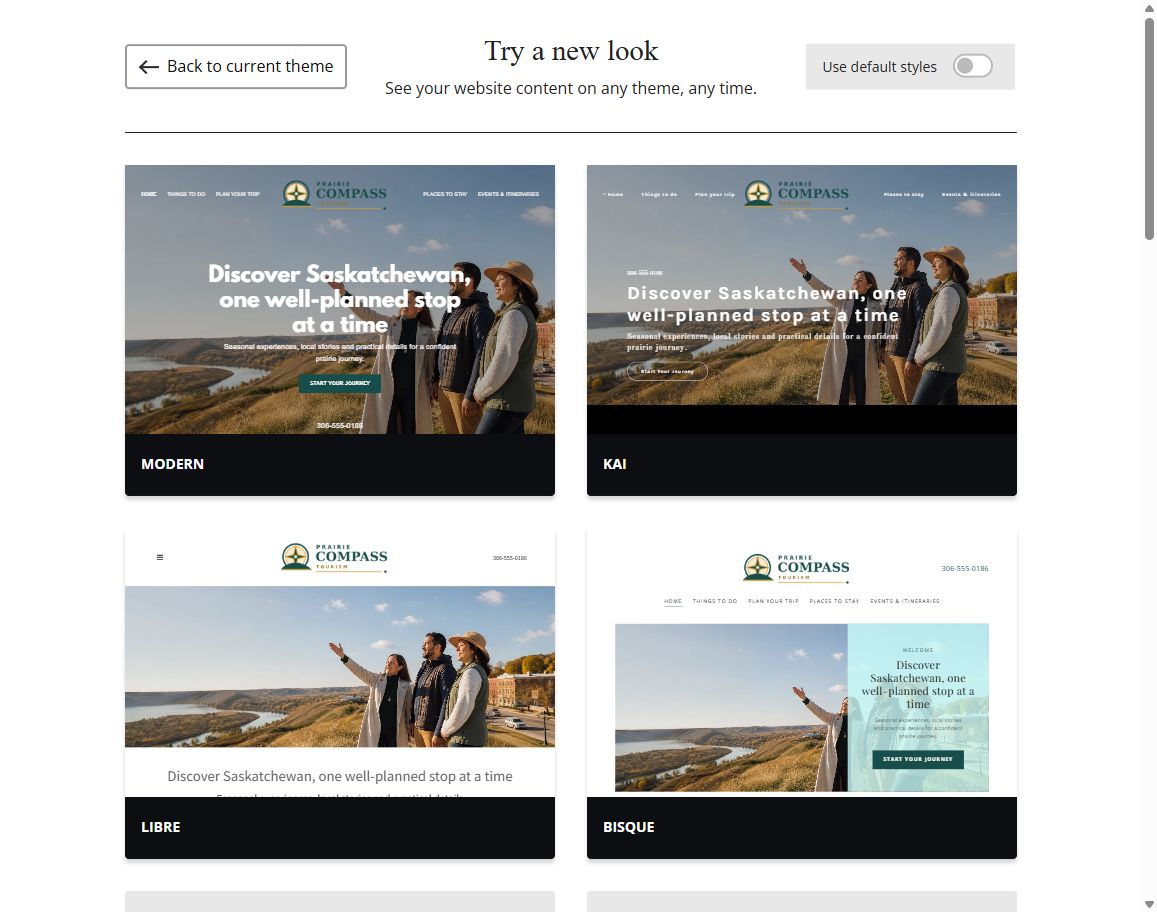Website Builder selected-colour theme previews for Prairie Compass Tourism, group 1