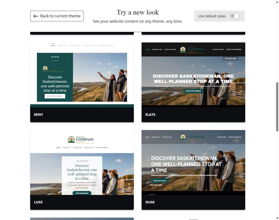 Website Builder selected-colour theme previews for Prairie Compass Tourism, group 3