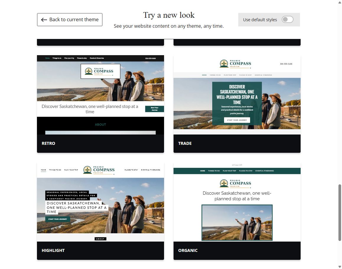 Website Builder selected-colour theme previews for Prairie Compass Tourism, group 5