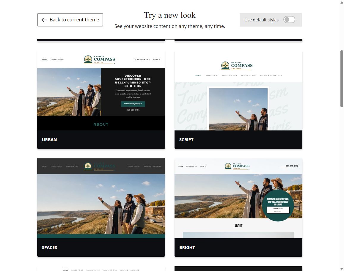 Website Builder default-style theme previews for Prairie Compass Tourism, group 2