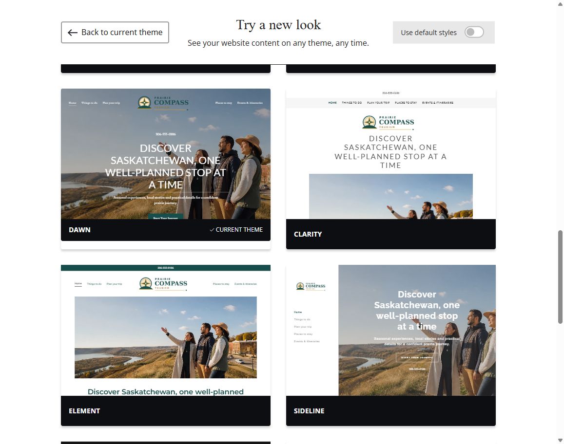 Website Builder default-style theme previews for Prairie Compass Tourism, group 4