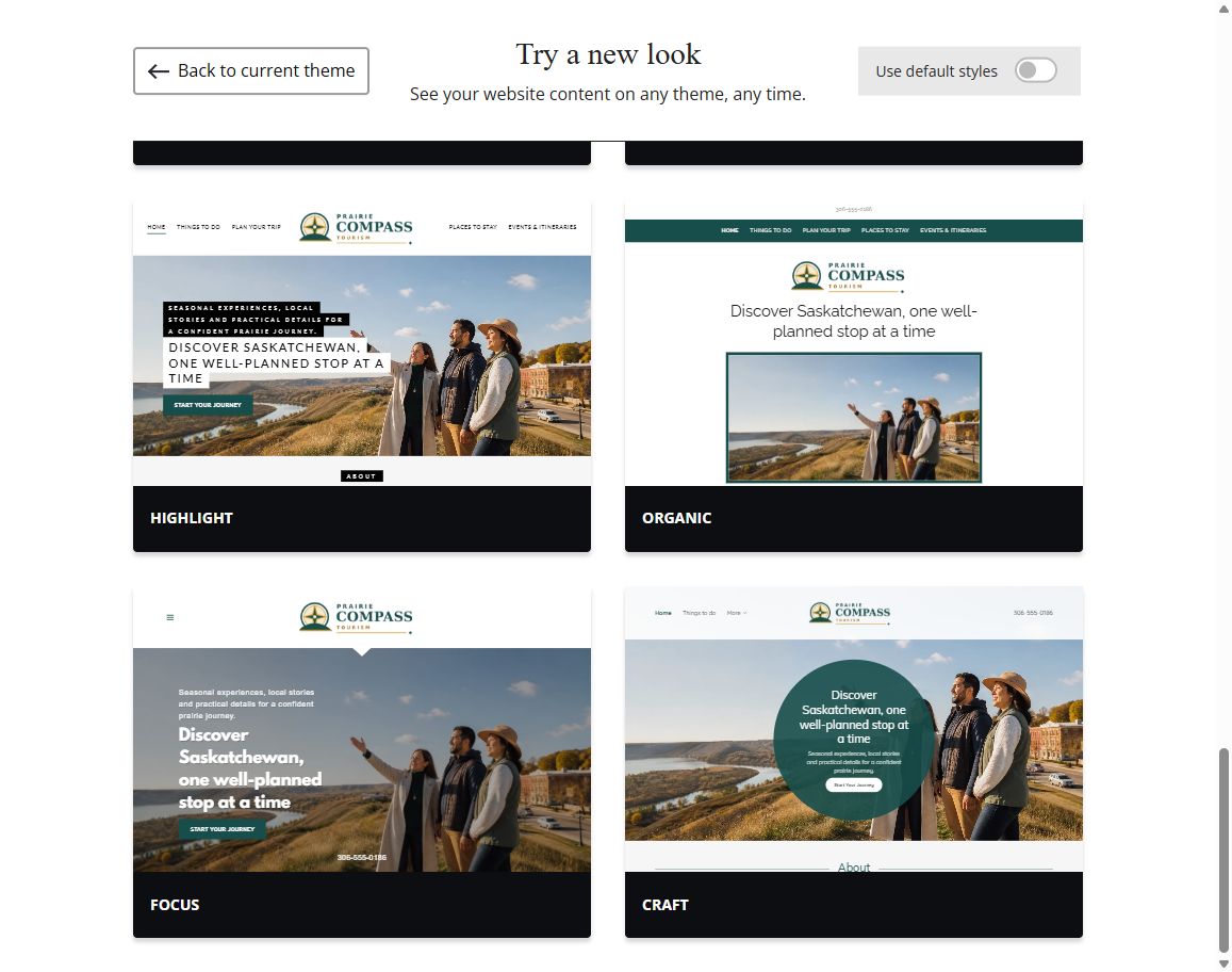 Website Builder default-style theme previews for Prairie Compass Tourism, group 6