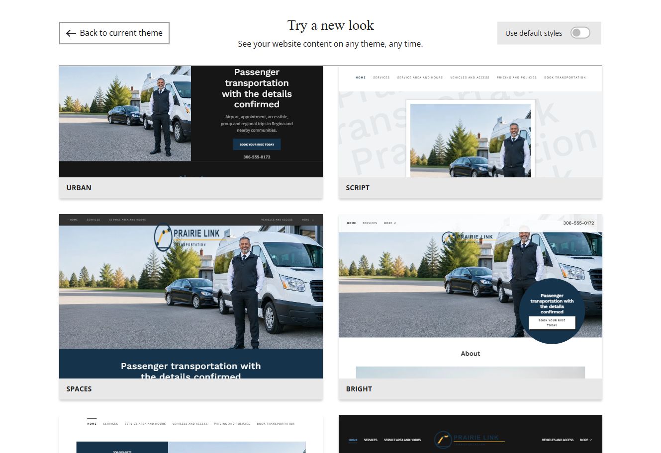 Website Builder chosen-colour theme previews for Prairie Link Transportation, group 3