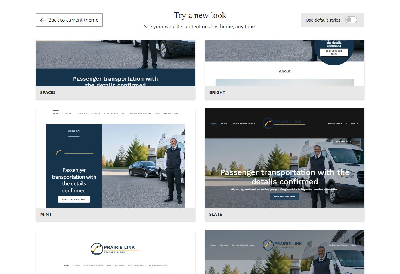 Website Builder chosen-colour theme previews for Prairie Link Transportation, group 4