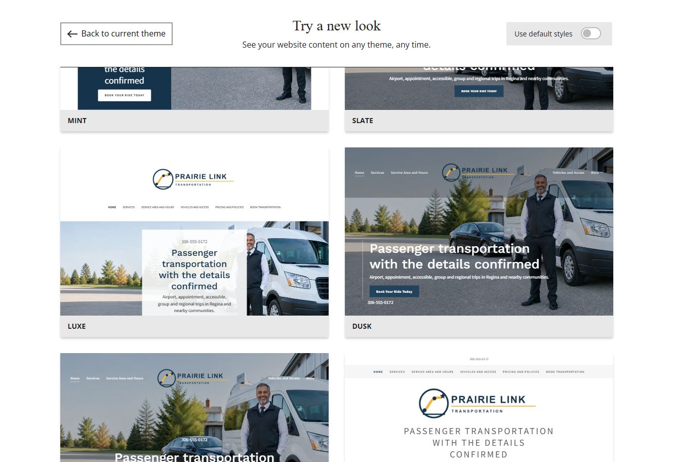 Website Builder chosen-colour theme previews for Prairie Link Transportation, group 5
