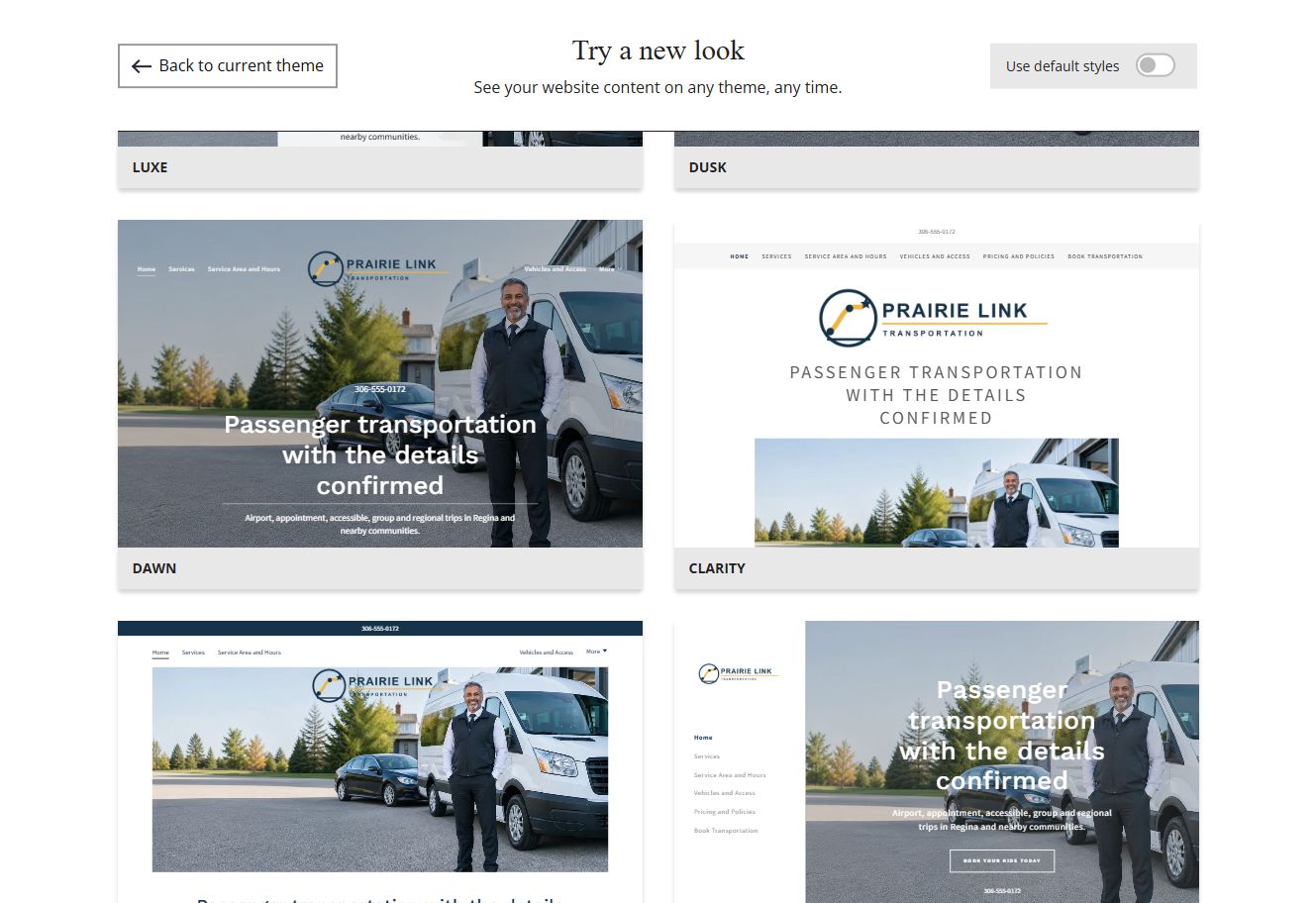 Website Builder chosen-colour theme previews for Prairie Link Transportation, group 6