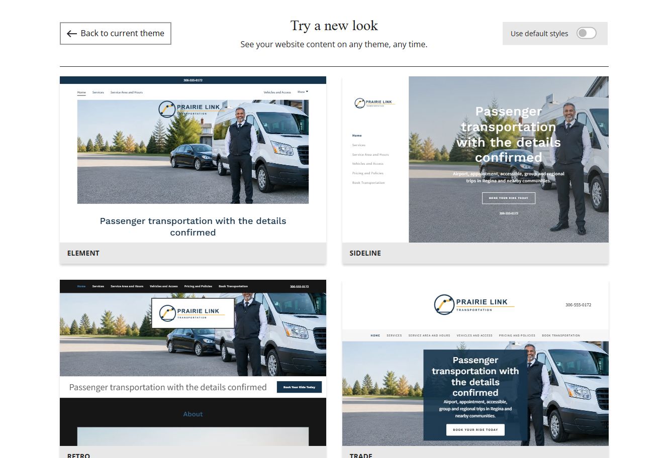Website Builder chosen-colour theme previews for Prairie Link Transportation, group 7
