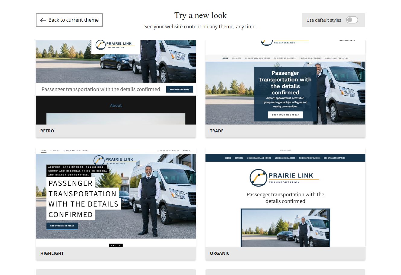 Website Builder chosen-colour theme previews for Prairie Link Transportation, group 8