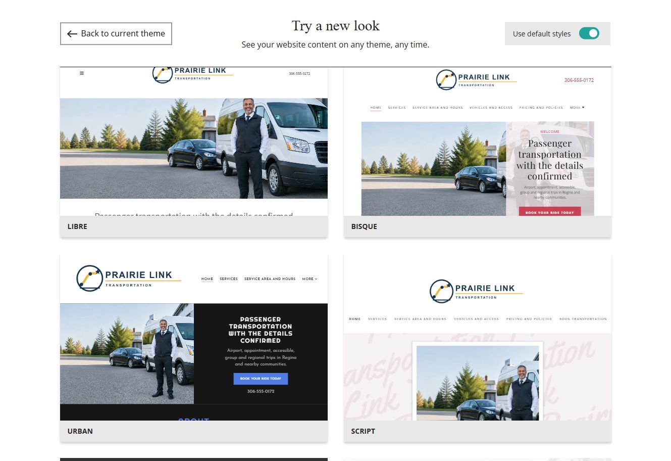 Website Builder default-style theme previews for Prairie Link Transportation, group 2