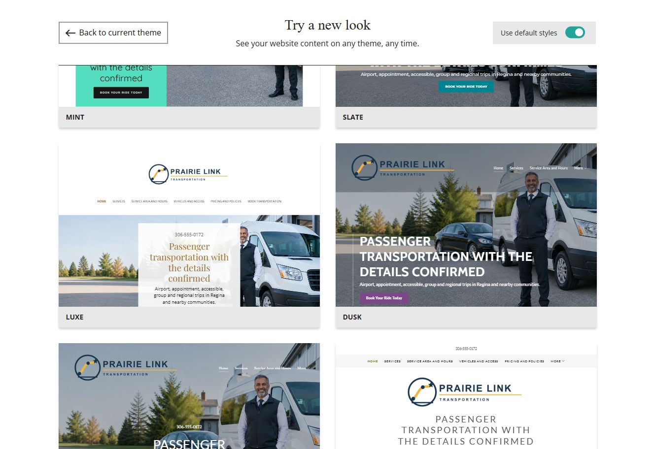 Website Builder default-style theme previews for Prairie Link Transportation, group 5
