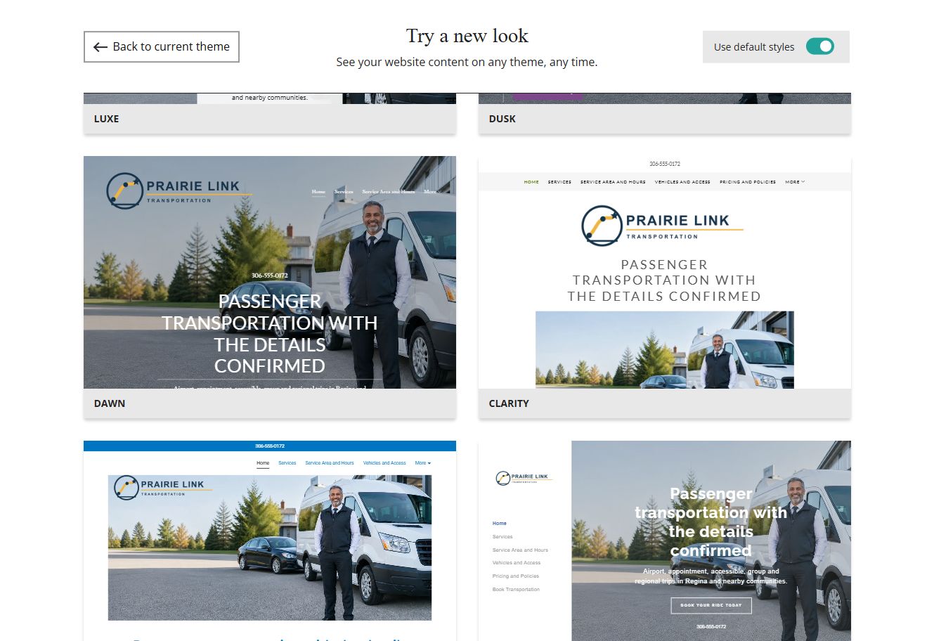 Website Builder default-style theme previews for Prairie Link Transportation, group 6