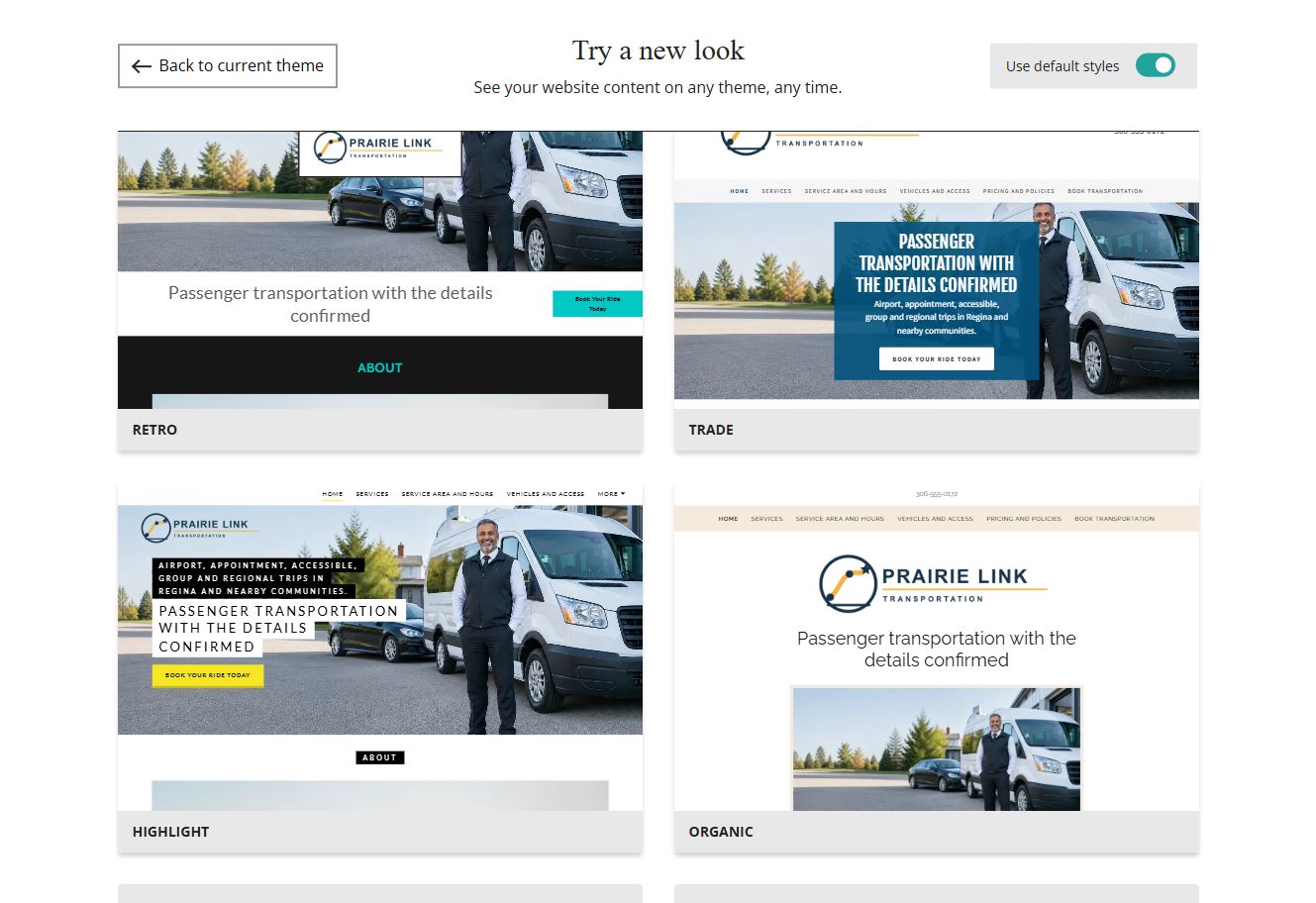 Website Builder default-style theme previews for Prairie Link Transportation, group 8