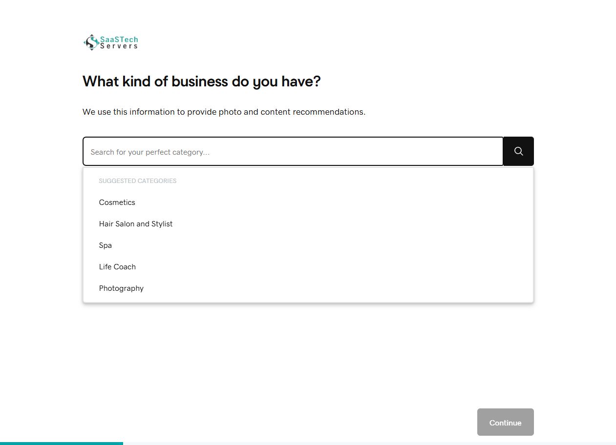 Website Builder asking for a business category