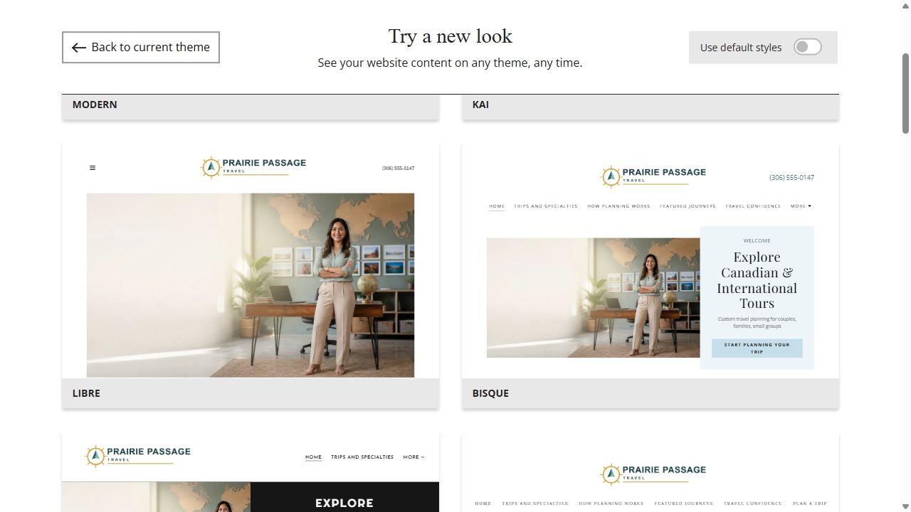 Website Builder theme previews for Prairie Passage Travel, group 2
