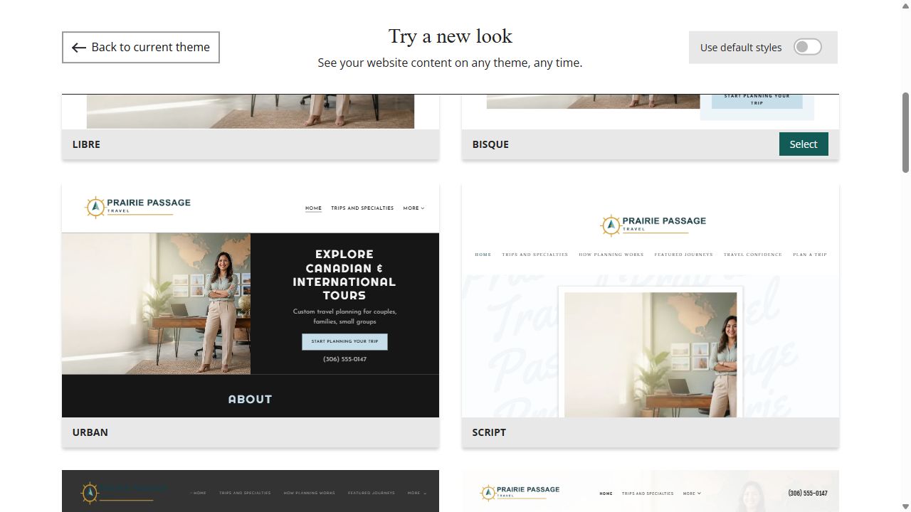 Website Builder theme previews for Prairie Passage Travel, group 3