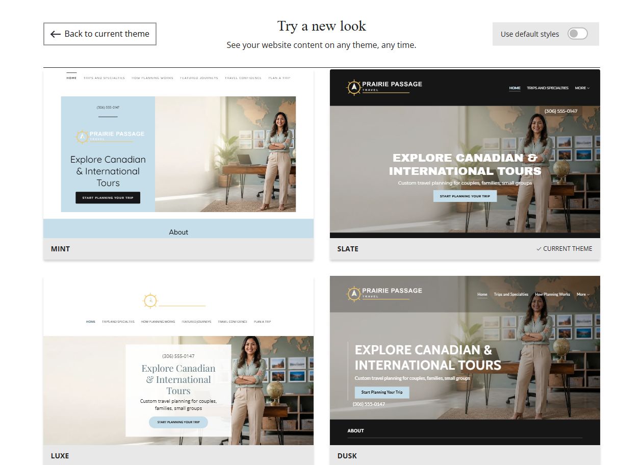 Website Builder theme previews for Prairie Passage Travel, group 4