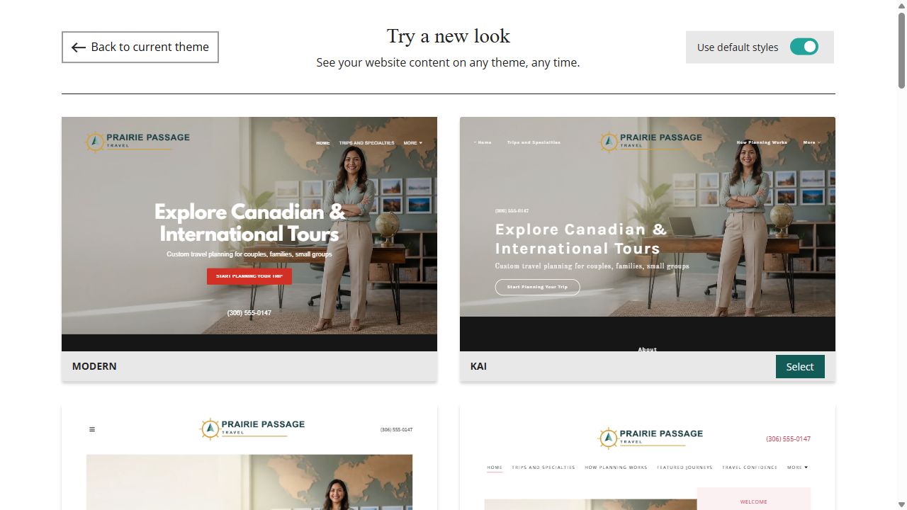 Website Builder default-style theme previews for Prairie Passage Travel, group 1
