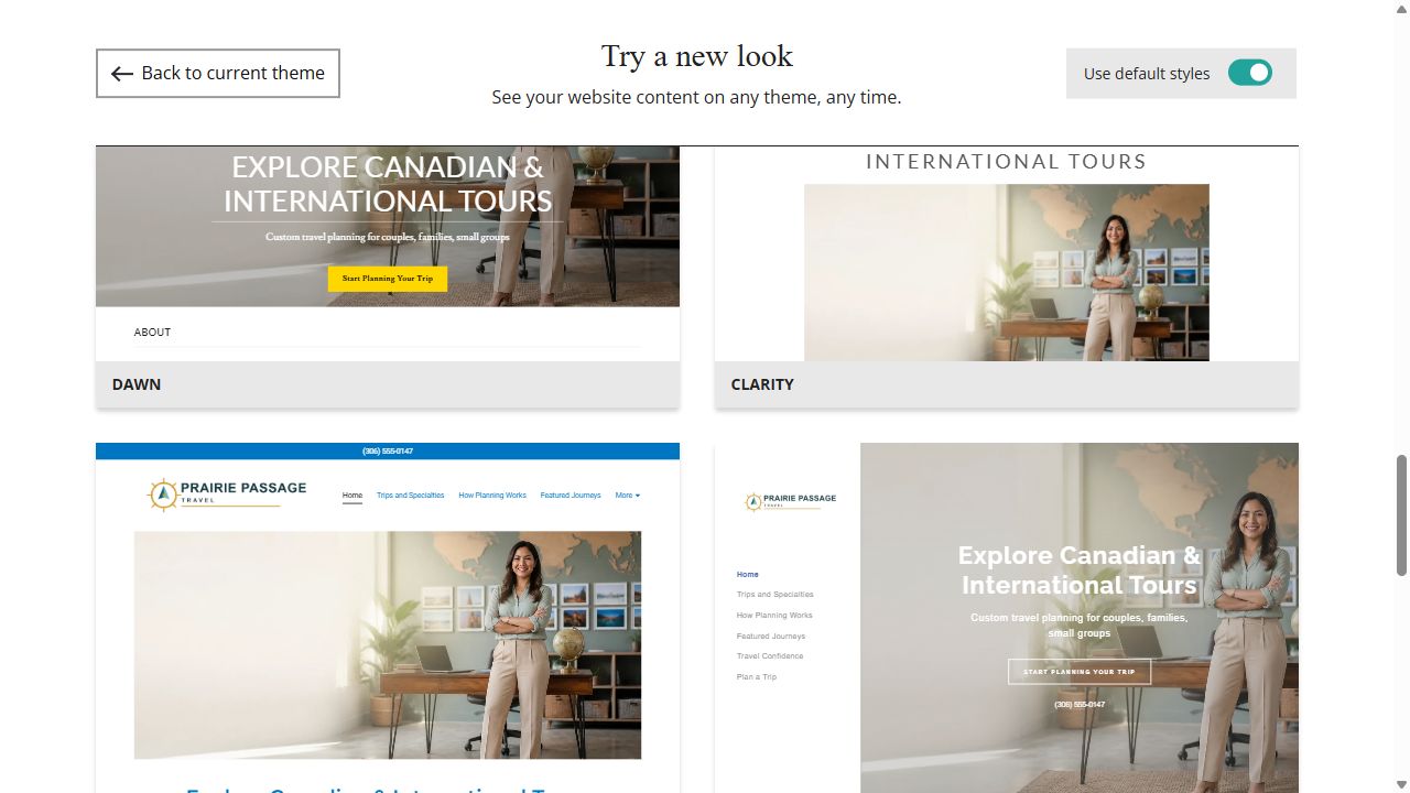 Website Builder default-style theme previews for Prairie Passage Travel, group 6