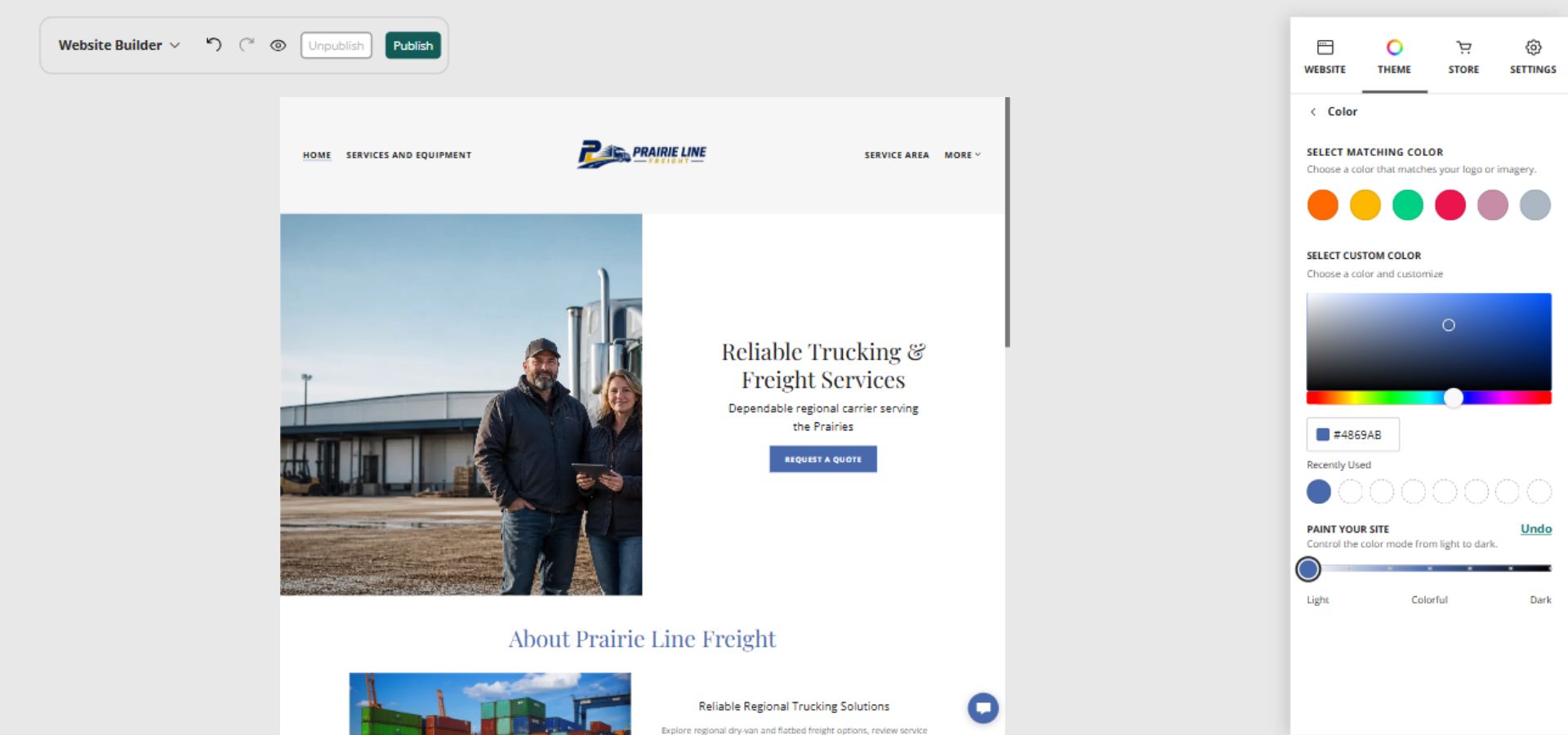 Prairie Line Freight home page and full Paint your site controls, position 1 of 7