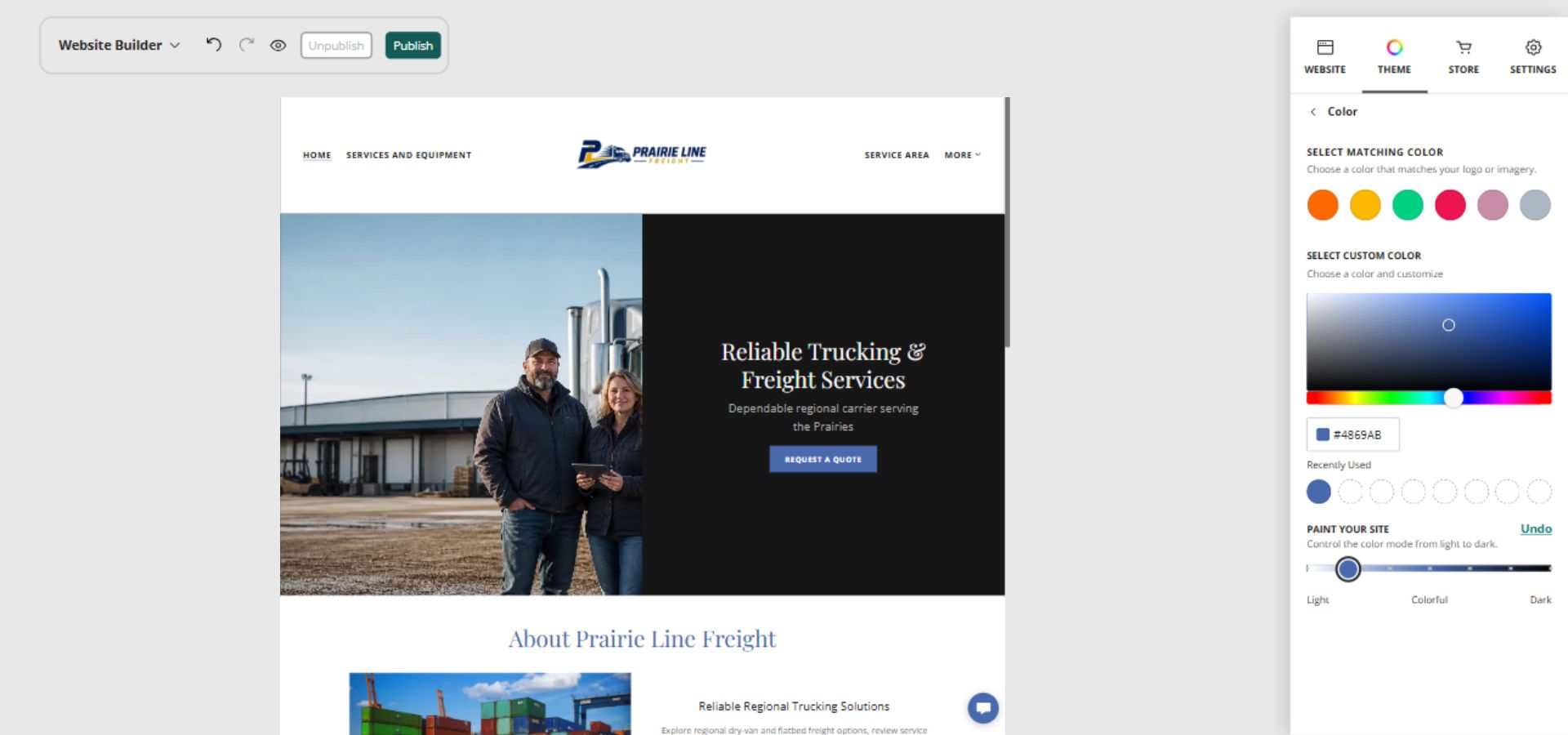 Prairie Line Freight home page and full Paint your site controls, position 2 of 7