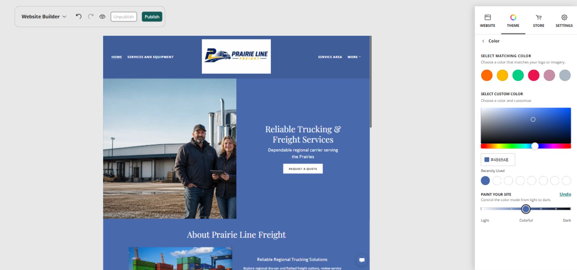 Prairie Line Freight home page and full Paint your site controls, position 4 of 7